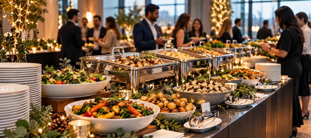 Corporate buffet catering setup for an office holiday party