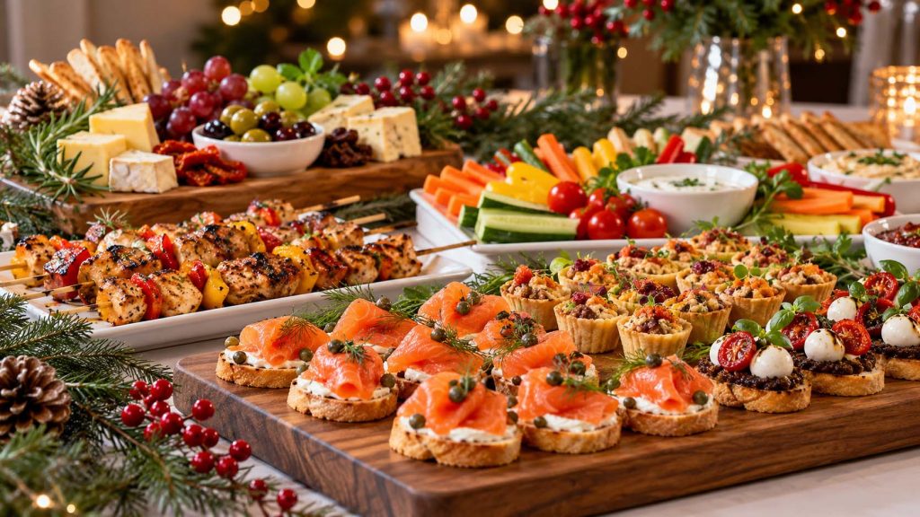 Holiday party catering menu with appetisers and festive dishes